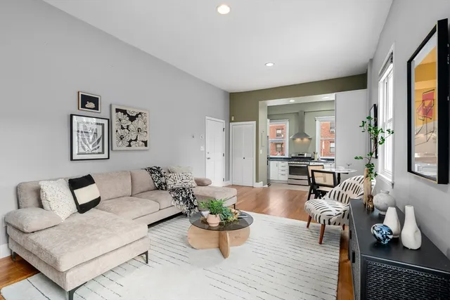 a living room with furniture and a potted plant