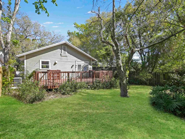 a view of a yard with plants and large trees