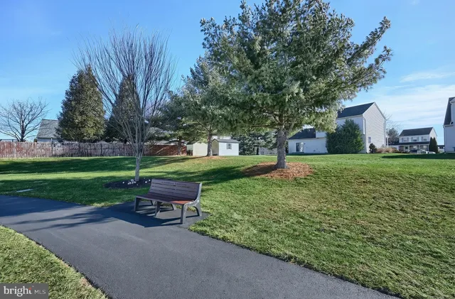a garden with trees in the background