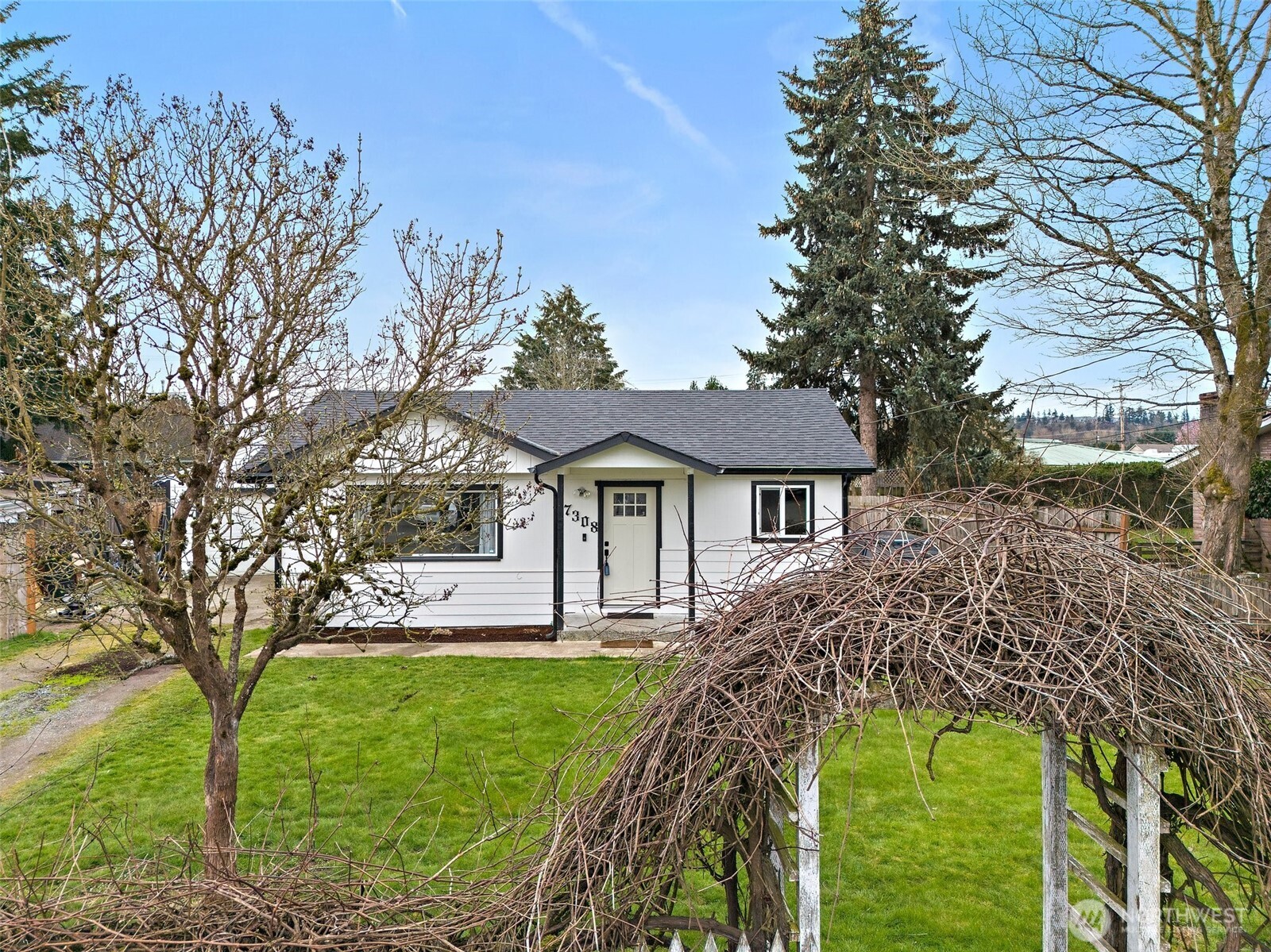 a view of a yard in front of a house with large tree