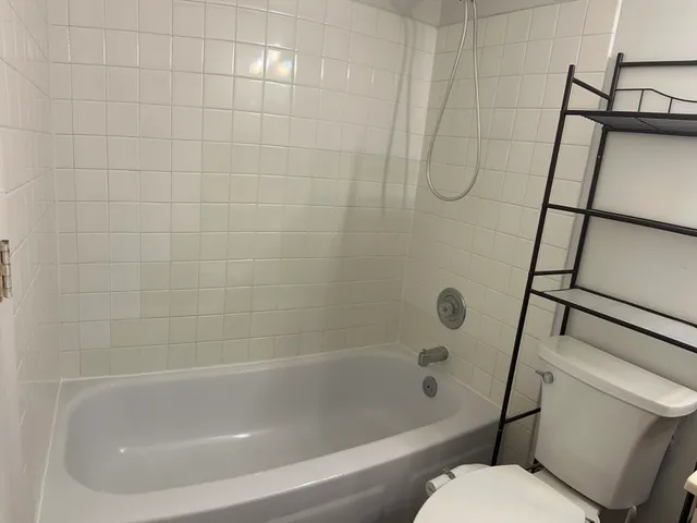 a bathroom with a bathtub and toilet