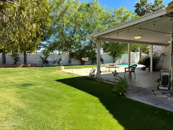 a view of a garden with a bench