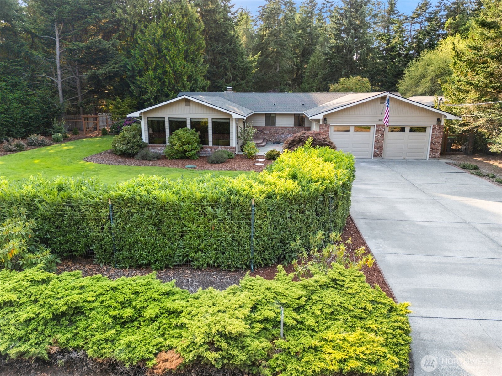 a aerial view of a house with a yard and potted plants