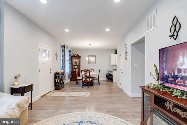 a view of a dining room with furniture