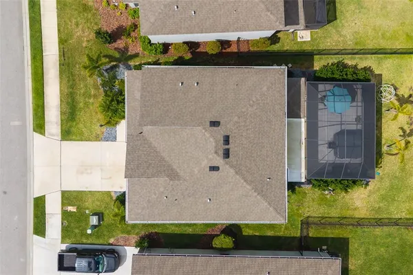 an aerial view of a swimming pool