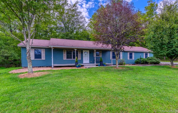 a view of a house with a yard plants and large tree