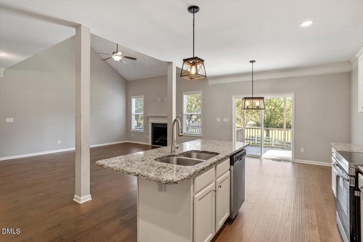 3361 Old Fairground Road Angier, NC 27501 - Photo 26 of 40 a kitchen with stainless steel appliances granite countertop a sink a stove and a wooden floor