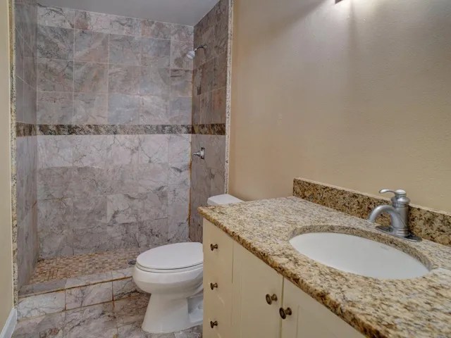 a bathroom with a granite countertop sink a toilet and shower
