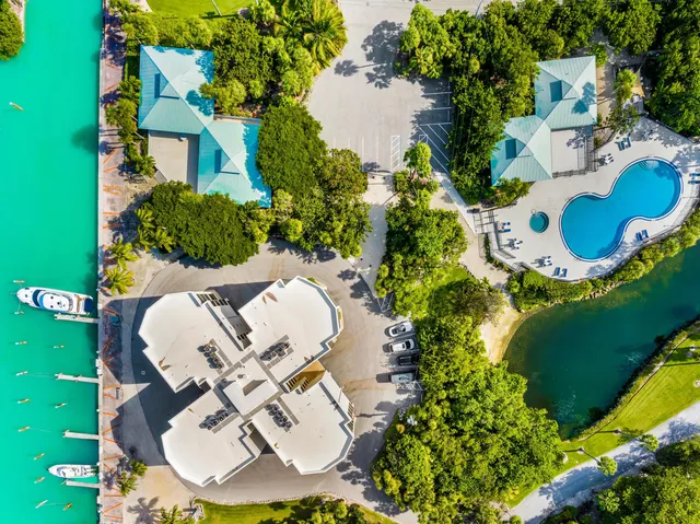 a view of a swimming pool with a yard