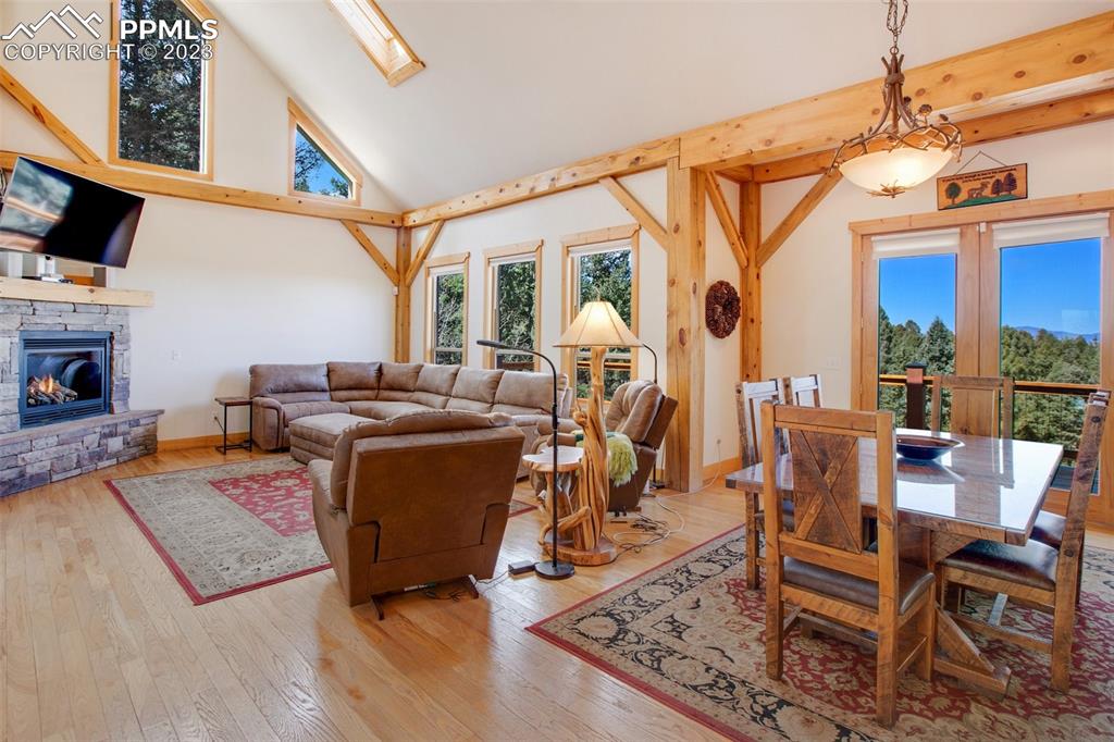 1201 County Road 512 Divide, CO 80814 - Photo 14 of 43 a living room with furniture a fireplace and a floor to ceiling window