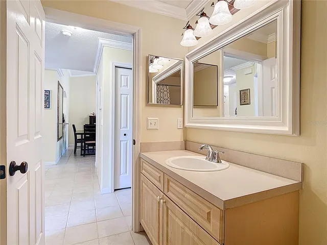 a bathroom with a sink vanity and a mirror
