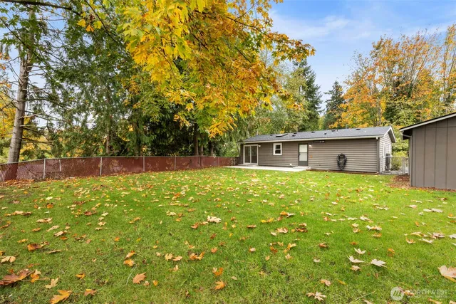 a backyard of a house with table and chairs