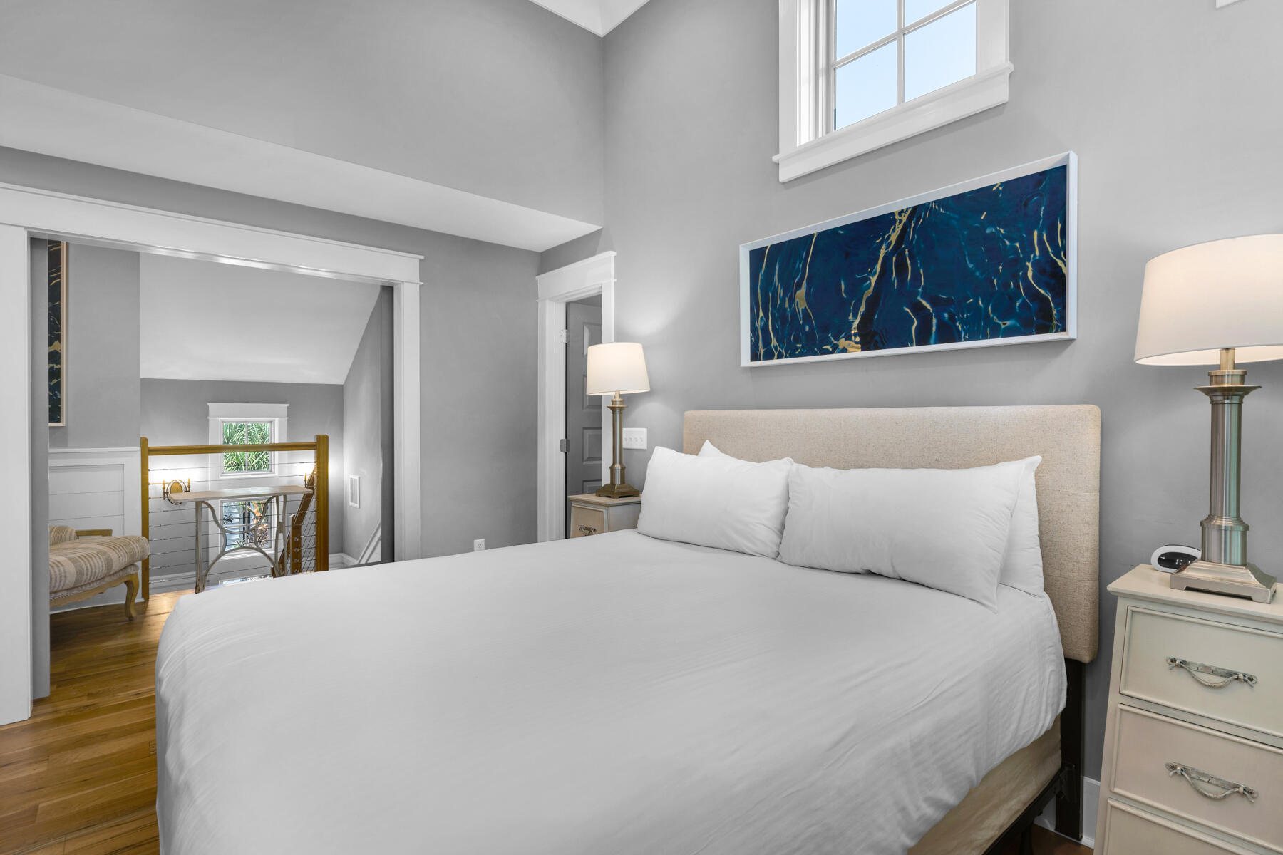 87 Salt Box Lane West Inlet Beach, FL 32461 - Photo 40 of 122 a bedroom with a bed and lamp on dresser with wooden floor