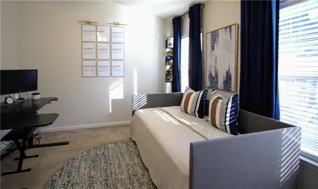 a living room with furniture rug and window