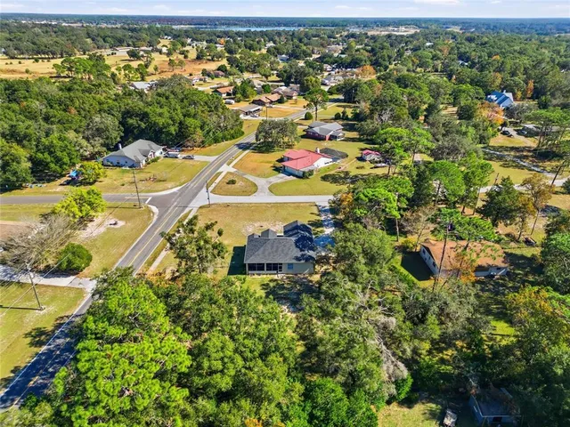 an aerial view of residential houses with outdoor space and trees