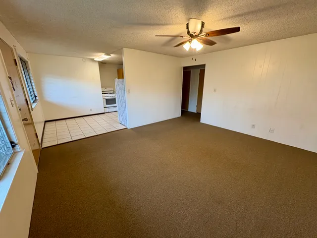a view of an empty room with a chandelier fan