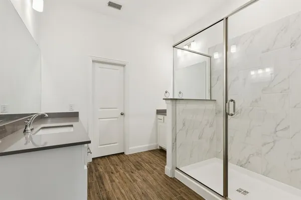 a bathroom with a shower and a sink