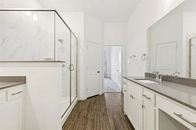 a bathroom with a sink and a mirror