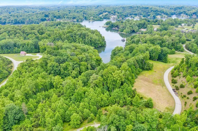 an aerial view of residential houses with outdoor space and trees