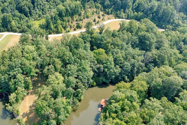 an aerial view of a house with a yard and lake view