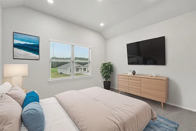 a bedroom with a bed and a flat screen tv