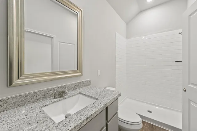 a bathroom with a granite countertop sink toilet and shower