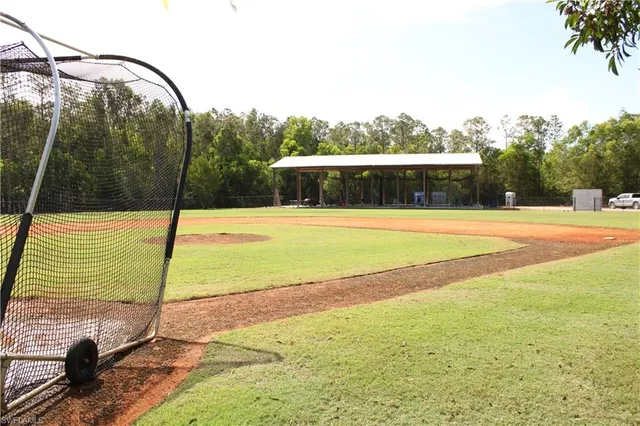 a view of a swimming pool with a yard and large trees