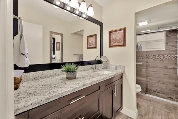 a bathroom with a granite countertop sink and a mirror