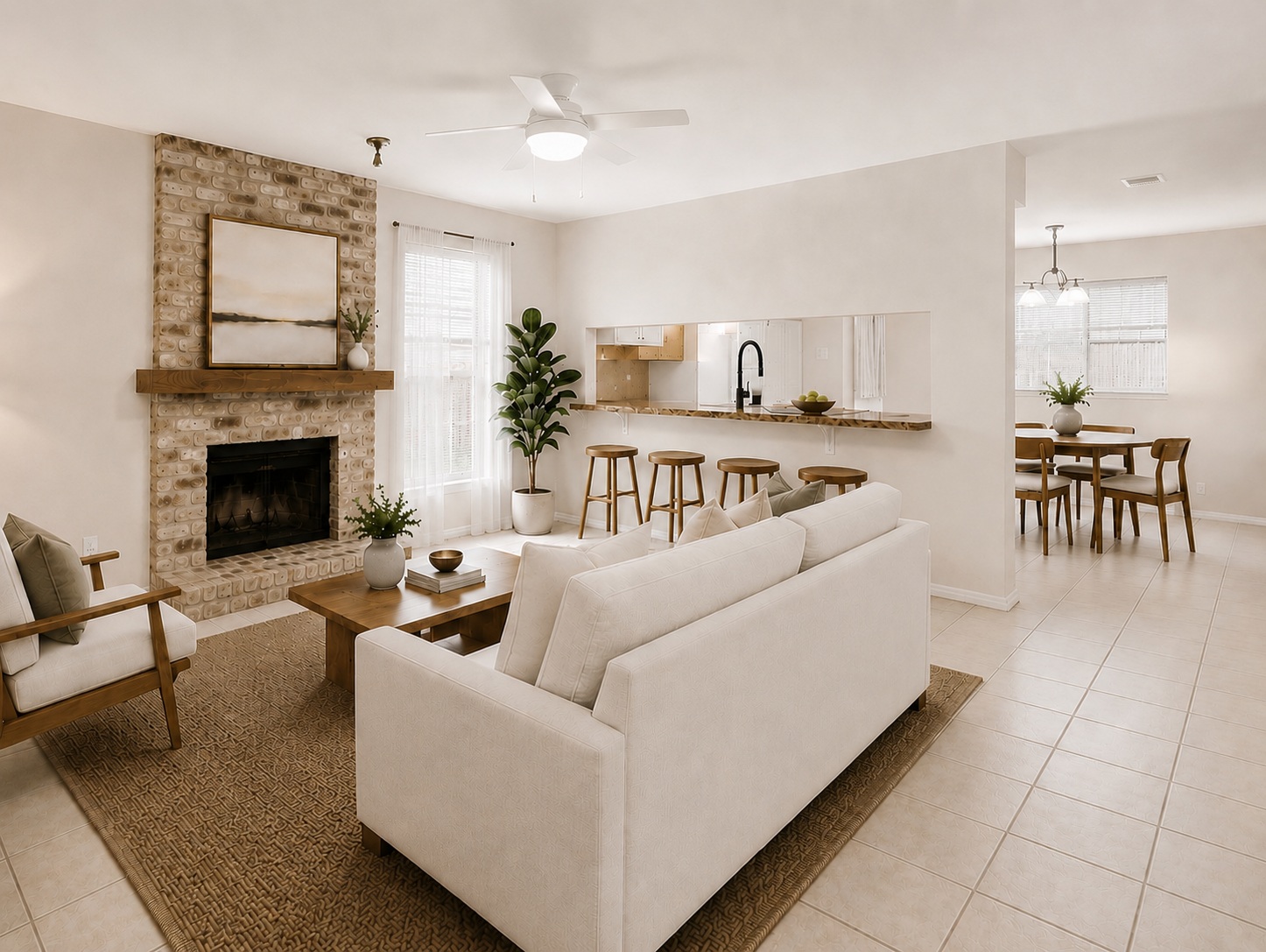 1707 Waterloo Trail, Unit A Austin, TX 78704 - Photo 4 of 8 An inviting gathering space features an exposed brick fireplace and an open concept layout connecting to the kitchen.