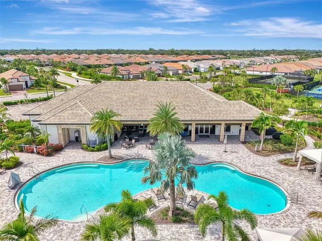 an aerial view of a pool patio patio and outdoor kitchen