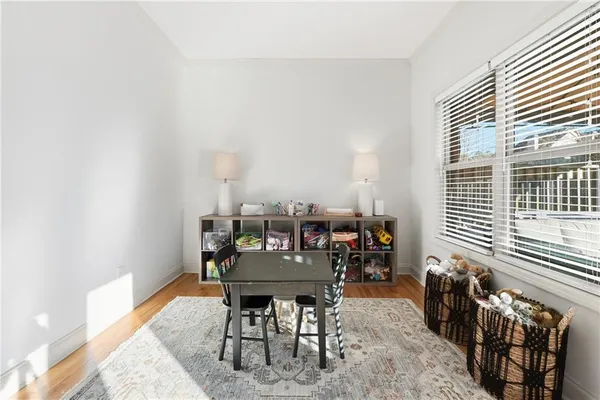 a view of a dining room with furniture