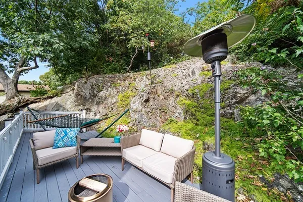 a garden view with a seating space