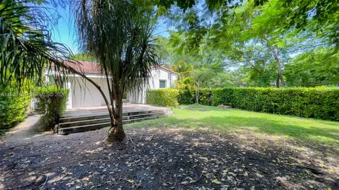 a view of a yard with plants and a trees
