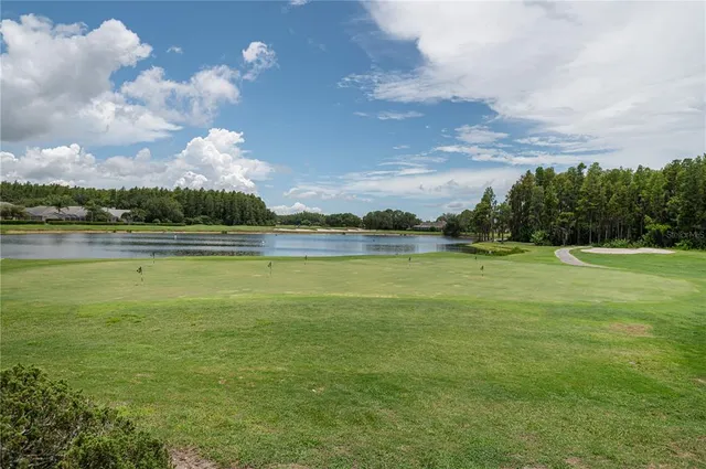 a view of a lake with houses in the background