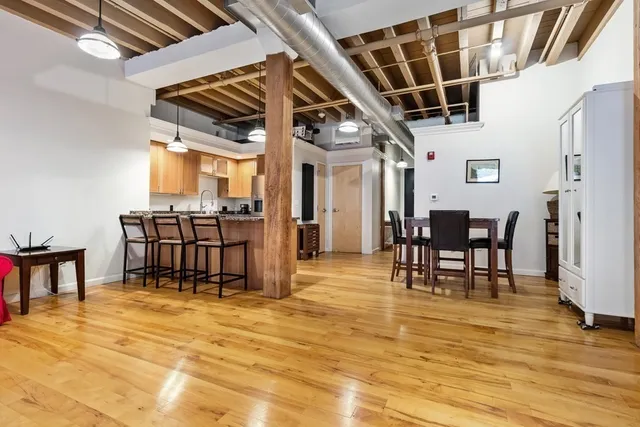 a view of a dining room with furniture