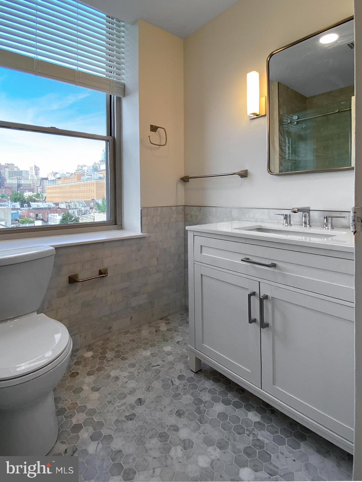 261-269 South 9th Street, Unit 504 Philadelphia, PA 19107 - Photo 14 of 27 a bathroom with a toilet sink and mirror