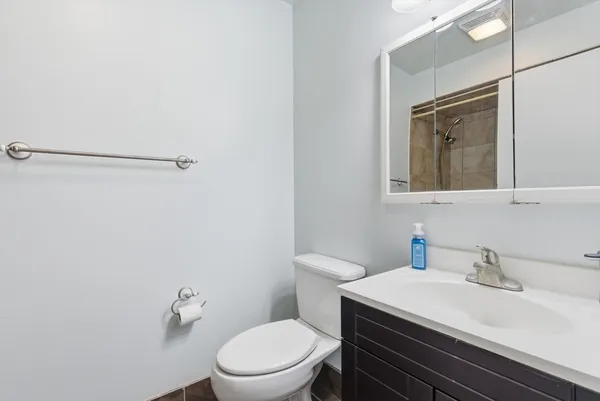 a bathroom with a sink a toilet and mirror