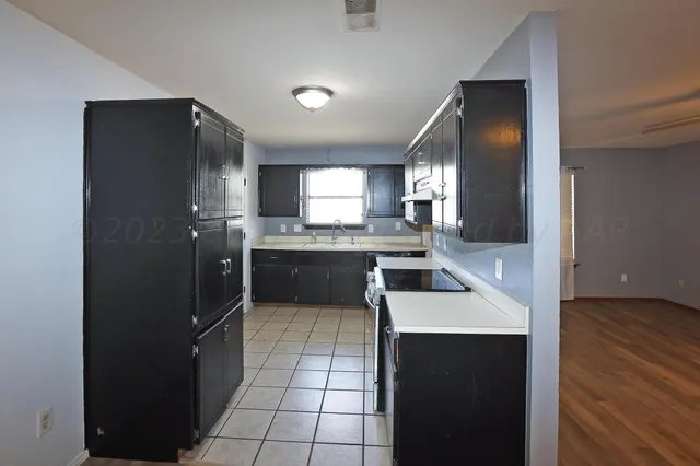 a kitchen with a sink and cabinets