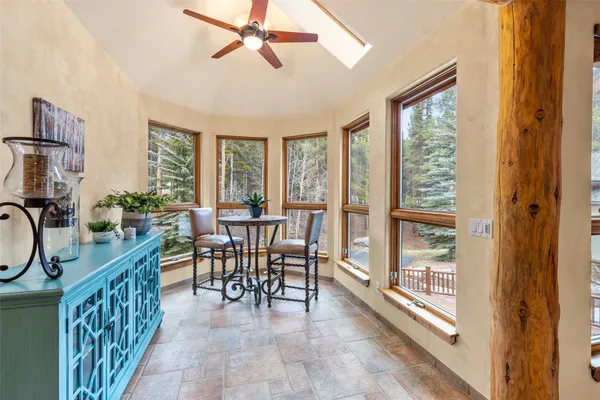 a view of a dining room with furniture window and outside view