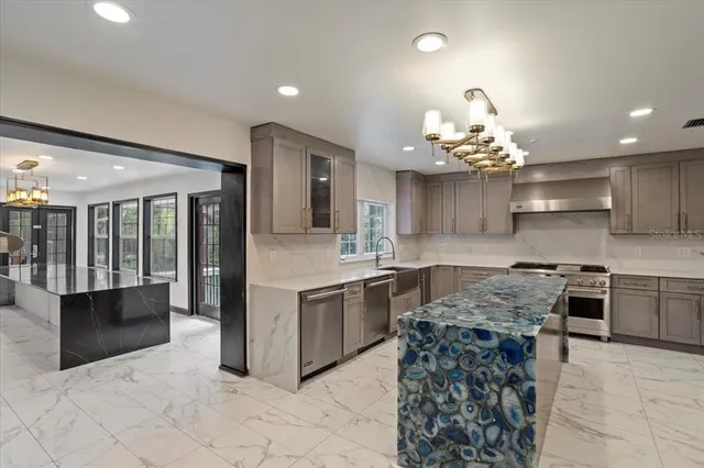 a view of a backyard with large trees