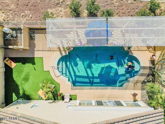 an aerial view of a house with a yard and potted plants