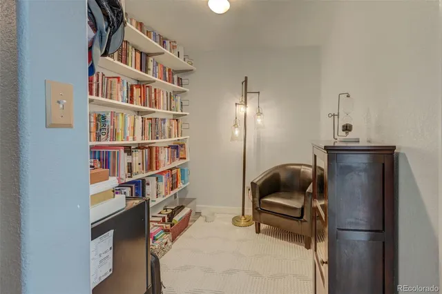 a room with a book shelf and a couch