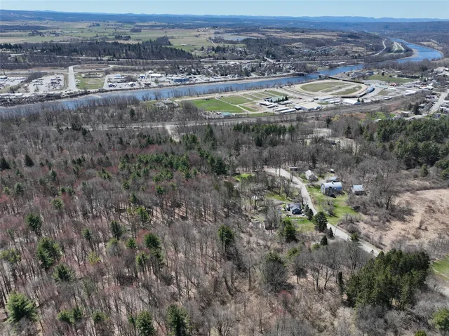 an aerial view of residential houses with outdoor space and trees