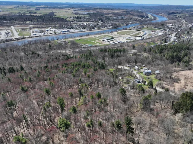 an aerial view of residential houses with outdoor space and trees