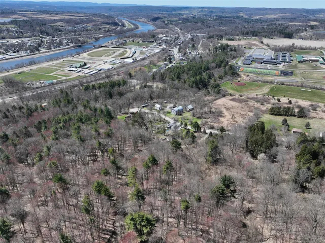 an aerial view of residential houses with outdoor space and trees