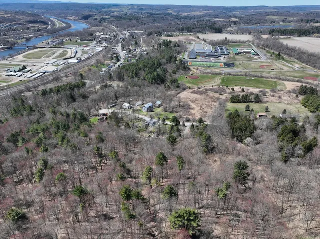 an aerial view of residential houses with outdoor space and trees