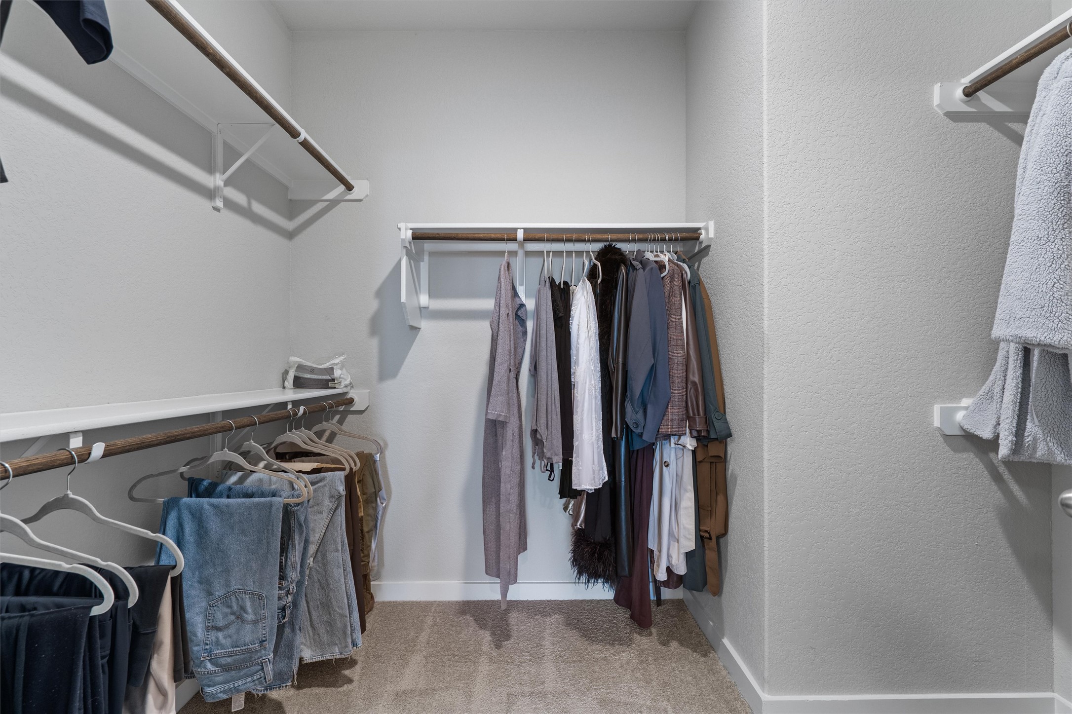 11620 Comano Drive Austin, TX 78747 - Photo 20 of 34 This walk-in closet features carpeted flooring, white walls, and built-in white shelving with hanging rods