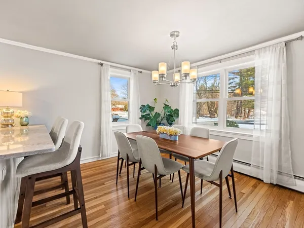 a view of a dining room with furniture window and wooden floor