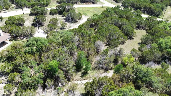 an aerial view of residential houses with outdoor space and trees