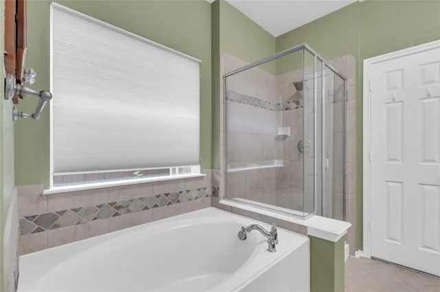 a bathroom with a bathtub and a shower